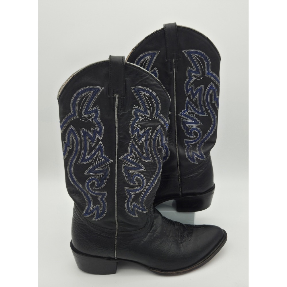 Cowtown Boots Mens 11 D Black Leather Blue Stitched Western Cowboy Boots J905